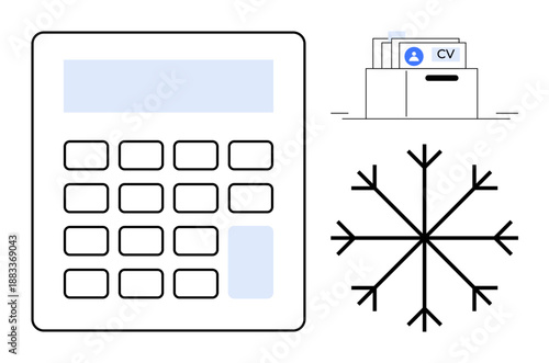 Financial calculation concept. A calculator for budgeting and financial planning, a folder for job application documents organization, and a snowflake symbol the seasonal winter theme. Suitable