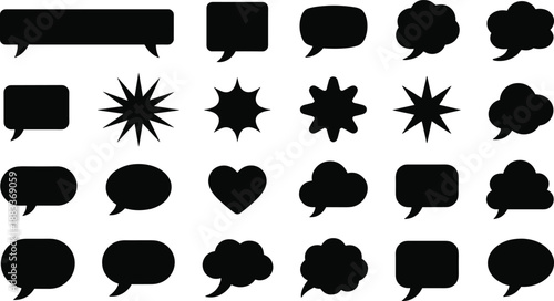 Cartoon speech, thought, heart, and starburst bubble silhouette icon set for comics, dialogue, and expressive design.
