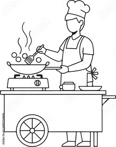 Chef cooking street food on a mobile cart with a wok and spatula, preparing a meal