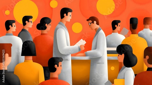 Scientists are actively engaged in collaborative research within a vibrant environment, meticulously exchanging documentation to advance knowledge.