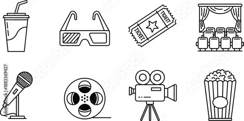 Cinema and Movie Theater Icon Set with 3D Glasses Film Reel Popcorn Ticket and Camera for Entertainment Industry Vector Illustration