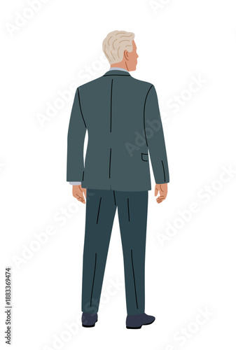 Middle-aged man in a teal suit viewed from behind, conveying professionalism and corporate confidence. Clean flat vector illustration isolated on transparent background