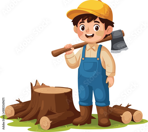 Cartoon boy standing beside tree stump with axe and chopped logs, outdoor woodcutting and chore theme illustration, transparent background graphic