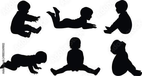 Baby silhouette poses collection, crawling sitting lying infant shapes, toddler movements isolated on white background illustration set