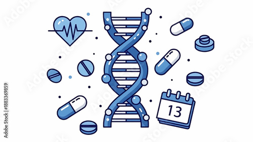 Medical DNA structure surrounded by pills and calendar icon in a flat design illustration