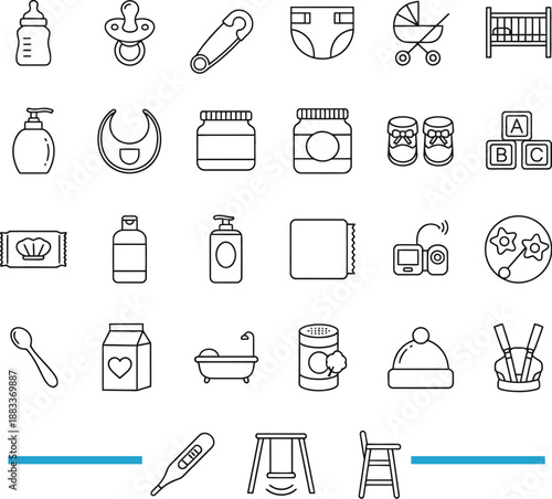 Baby Care and Newborn Essentials Line Art Icon Set - Nursery, Feeding, and Hygiene Symbols