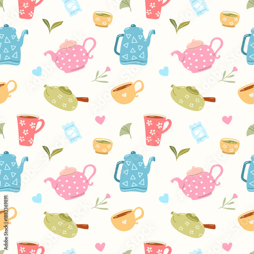 tea, teapot and cup,kitchen, seamless pattern, can be used for textile patterns,clothing, fabric, print,  wrapping paper, wallpaper, covers,background, cute, vector illustration 