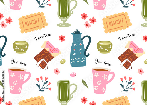 tea time seamless pattern, food and rink creative vector illustration, print, can be used for textile pattern, cover, fabric, wrapping paper, wallpaper, background, vector
