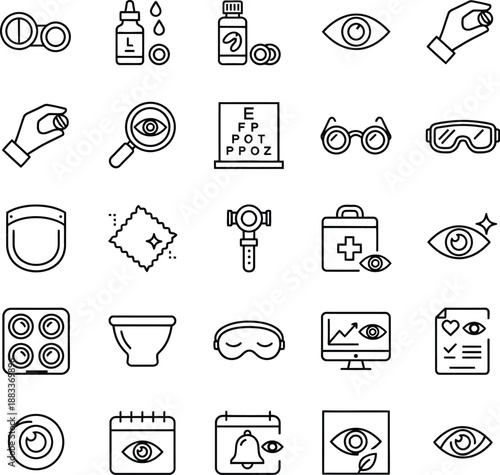 Optometry and Ophthalmology Icon Set - Eye Care, Vision Correction, and Medical Examination Vector Line Art