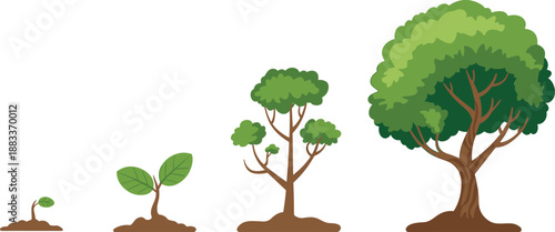 Cartoon tree growth stages icon set with sprout, leafy stem, young tree, and mature canopy rooted in soil.