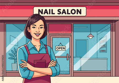 Asian nail technician standing in front of beauty salon shop vector