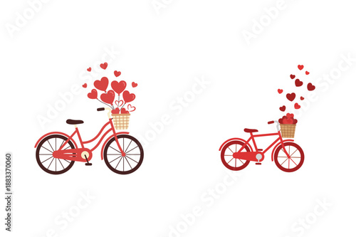 Two red bicycles with heart-shaped balloons and baskets of fruit