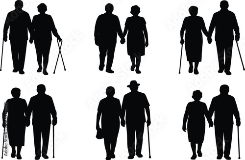 Elderly couples silhouette walking hand in hand with canes, showing senior love, companionship, aging, and healthy retirement lifestyle concept
