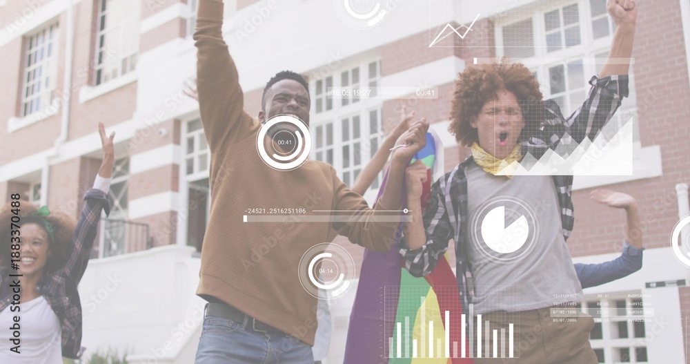 Fototapeta premium Cheering students in casual clothes and scarf holding rainbow flag at brick steps with data overlay