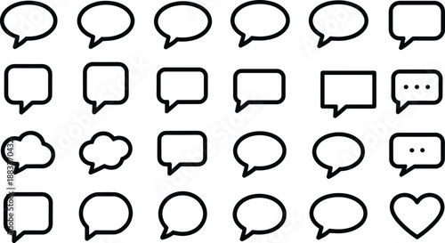 Outlined speech and thought bubble icon set with ellipses, heart shape, and comic-style communication frames for design.