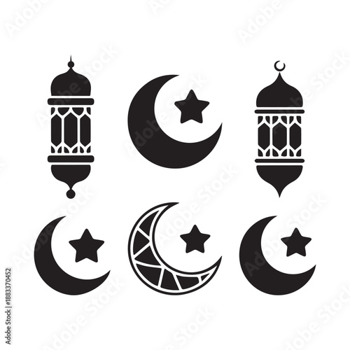 Crescent Moon and Lantern Vector Icons