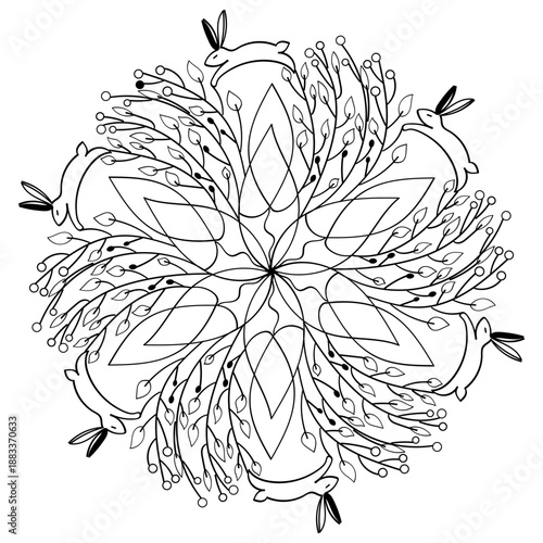 Mandala with a hares for coloring book. Geometric floral pattern. Contour drawing on a white background
