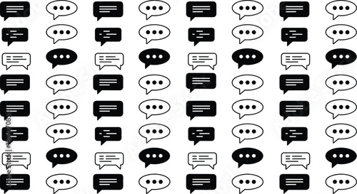 Speech bubble icon set with typing dots and message lines in black and white for digital communication and UI design.