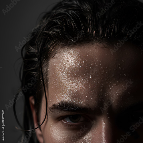 Wallpaper Mural Close-up Portrait of a Determined Young Man with Beads of Sweat on his Forehead After an Intense Workout, Representing Fitness, Endurance, and Physical Exertion in a Dark Studio Setting Torontodigital.ca