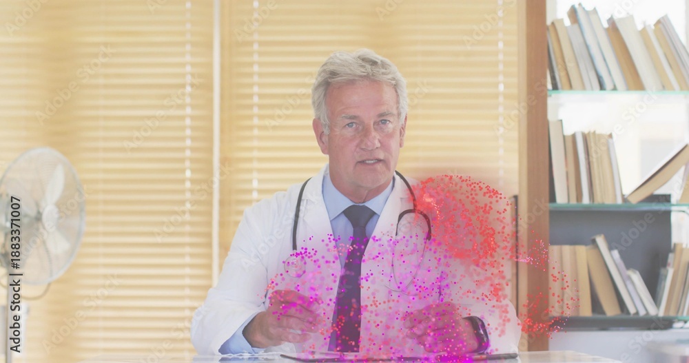 © vectorfusionart - Speaking senior physician sitting at desk in clinic, wearing white coat, stethoscope, pink overlay © vectorfusionart - Speaking senior physician sitting at desk in clinic, wearing white coat, stethoscope, pink overlay