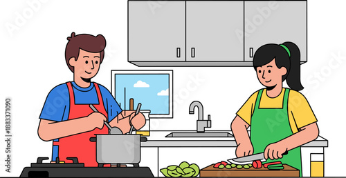 Cooking together illustration, kitchen teamwork, man stirring pot, girl chopping vegetables, modern home interior, family activity, cartoon style, stock vector