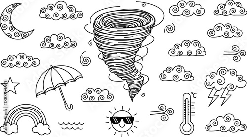 Weather Doodle Elements Collection with Tornado Clouds Wind Rain Lightning and Temperature Symbols Flat Vector Illustration Set