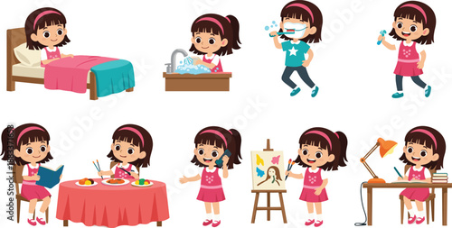 Cartoon girl performing daily routine activities including hygiene, study, creativity, and self-care, healthy habit and lifestyle theme illustration, transparent background graphic
