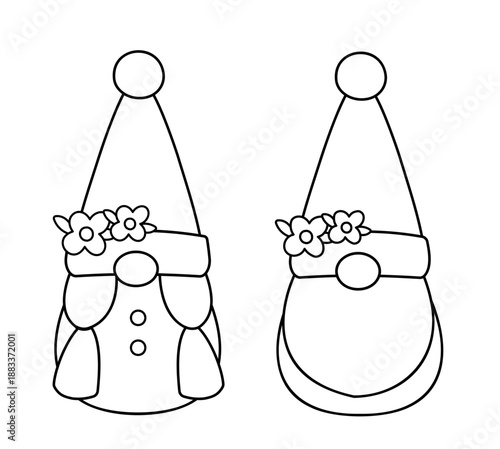 Springtime gnome characters and flowers outlines set.
Spring holiday gnome coloring page.
Transparent background. SVG.