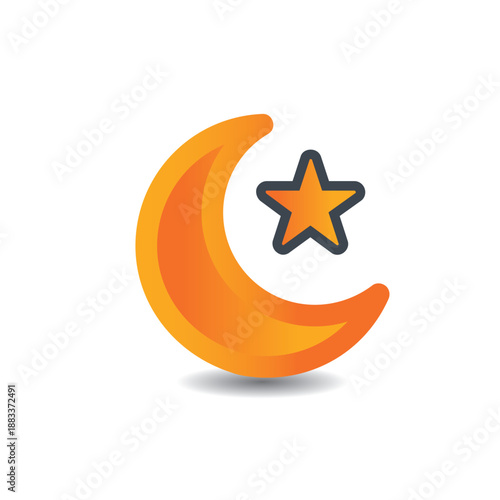 Vibrant orange crescent moon and star icon representing night, islam, or a celestial theme