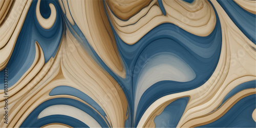 Colorful undulating textured layers of wood, in shades of blue, brown, red, orange, with flowing grain patterns