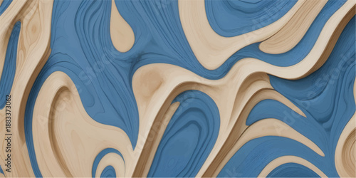 Colorful undulating textured layers of wood, in shades of blue, brown, red, orange, with flowing grain patterns