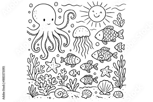 hand drawn Sea Life,
Cute Hand Drawn Sea Life Doodles Line Art
