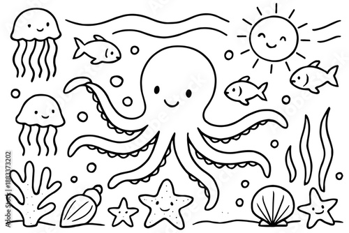 octopus and fish,
Cute Sea Creatures Hand Drawn Doodle Collection