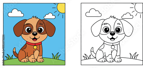 Cute Puppy Coloring Page for Kids with Colored Example and Line Art Illustration of a Small Dog in a Sunny Grass Field for Preschool Educational Activity and Children's Hobby Book