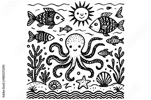 set of decorative Ocean Doodles,
Hand Drawn Ocean Doodles Simple Line Art