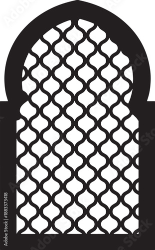 Ornate metal grille with arched top and intricate pattern