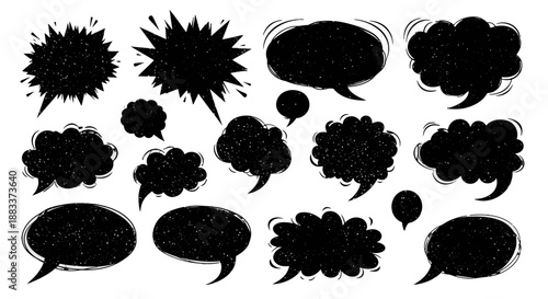 Collection of black speech bubbles and explosion shapes on white background.