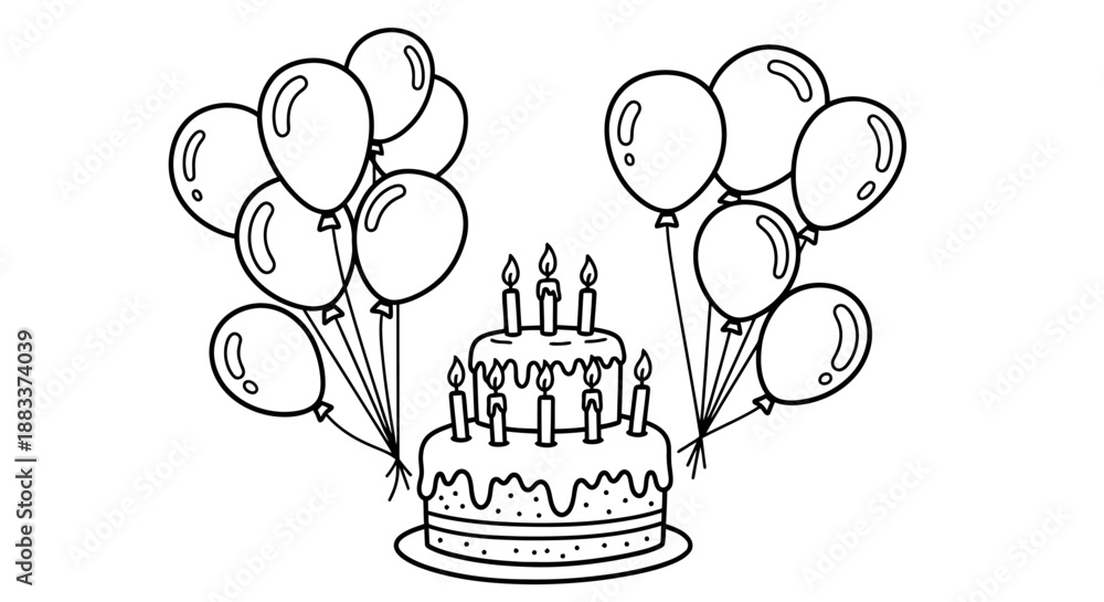 Naklejka premium Black and white birthday cake with balloons illustration.