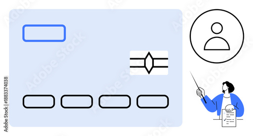 Abstract user profile icon, credit card with minimal details, and person pointing at document. Ideal for identification, authentication, account setup, finance, onboarding, security digital