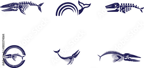 whale and fish skeleton silhouettes with rainbow arc  marine life icons