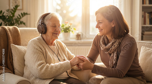 An emotional and positive image showing the benefits of music and connection for seniors, bathed in warm golden lighting to evoke happiness.
