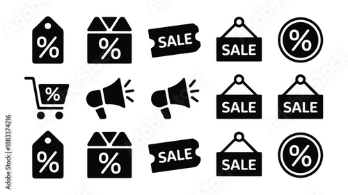 Black silhouette icons representing sales, discounts and shopping on white background Keywords: sale, discount, shopping