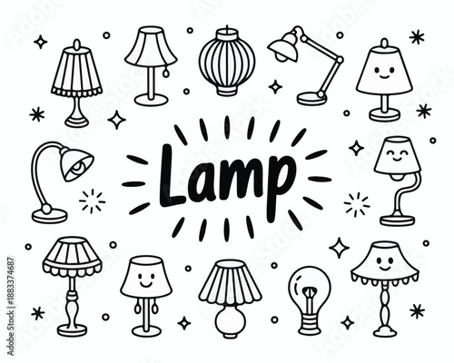 Collection of Doodle Style Lamps and Light Bulbs with the Word Lamp Keywords: lamp, light, bulb, lighting, doodle