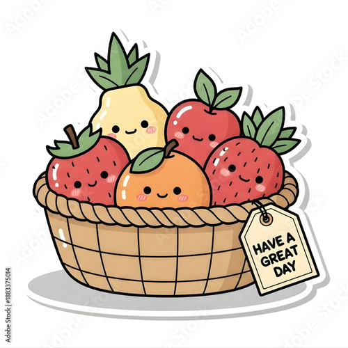 A delightful basket overflowing with adorable, smiling fruits, including strawberries, apples, an orange, and a pineapple, accompanied by a charming "Have a Great Day" tag