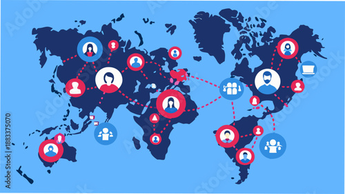 a world map illustration featuring user profiles and connecting lines across various locations