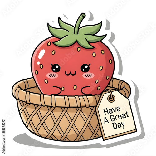Charming Kawaii Strawberry Character illustration joyfully sitting in a woven basket, accompanied by an uplifting 'Have A Great Day' message, perfect for spreading happiness and cheer