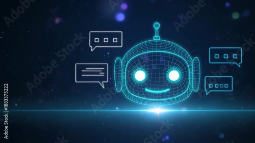 Friendly holographic chatbot head with glowing speech bubbles, representing conversational AI, customer support automation, and digital communication technology.