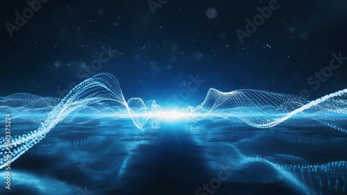 Abstract flowing particle waves converging toward a bright center, representing data signals, sound waves, and dynamic digital energy visualization.