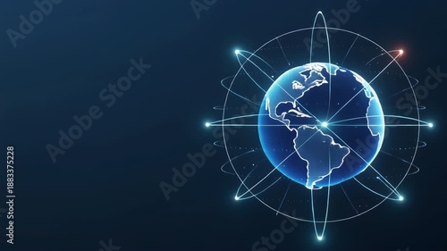 Digital globe surrounded by glowing network nodes and connection lines, representing global communication, internet connectivity, and worldwide data exchange systems.