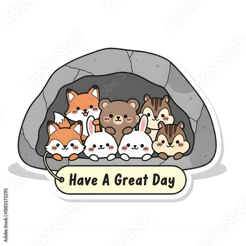 Whimsical woodland creatures peeking from their cozy cave, extending a heartwarming 'Have A Great Day' message in a charming cartoon illustration